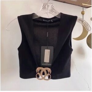 🪞 NWT panther metal emblem front clasp luxe crop statement dress top black gold